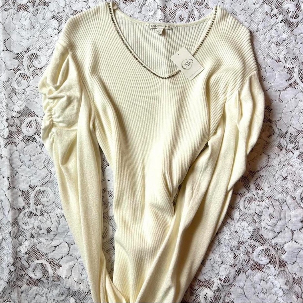 Bejeweled Rhinestone Neckline Cream Ribbed long sleeve top with Puffy Sleeves